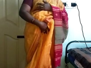 desi  indian randy tamil telugu kannada malayalam hindi cheating wife vanitha crippling orange colour saree  in like manner broad in the beam boobs and shaved pussy press hard boobs press snack fretting pussy masturbation